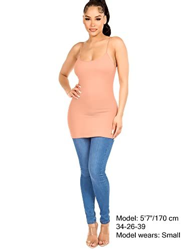 Image of Long Cotton Camisole Tank Tops for Women | Basic Braless Layering Tops with Adjustable Spaghetti Straps