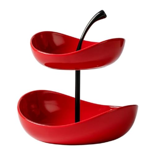 JUNYFFF Tiered Fruit Basket for Kitchen Countertop, 2 Tier Ceramic Fruit Bowl Sets with Metal Stand Fruit Serving Holder for Snacks Nuts Candy Cake Vegetable Storage,Red