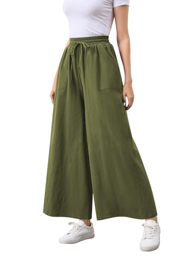 Womens Casual Linen Wide Leg Pants Trousers High Waisted Drawstring Tailored Baggy Pant Palazzo Lounge Pant Pockets