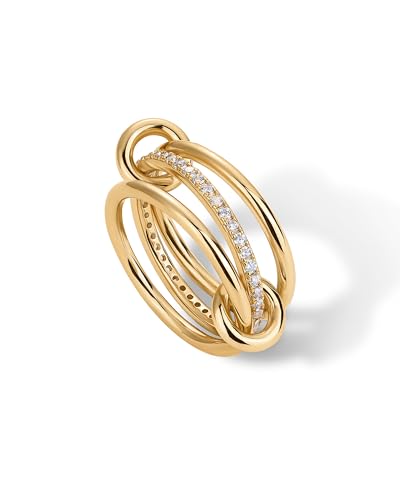 pavoi 14k gold plated interlocked stackable rings for women - statement mixed metals multi ring stack - cubic zirconia two-toned connected bands stacking jewelry