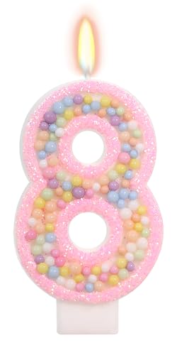 Pink Birthday Candles - Number 8 Candle, Colorful Macaron Candles...