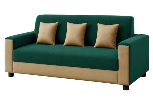 Image of Modern 3 Seater Sofa | Contemporary Upholstered Couch | Premium Cushioned Seating | Stylish Armrest Design | Comfortable Sofa for Living Room, Bedroom & Office - Green + Beige Color