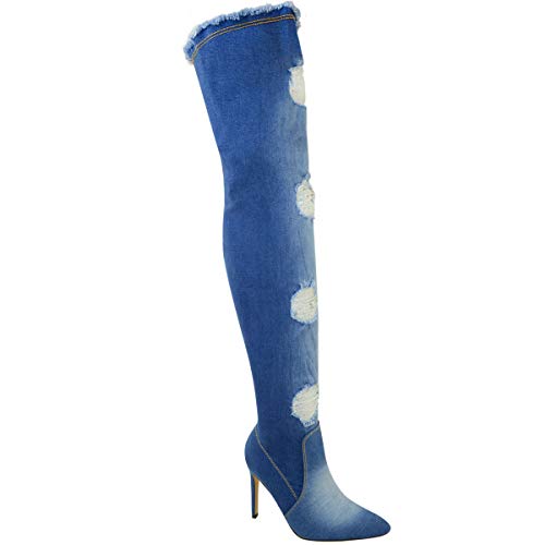 Fashion Thirsty Womens Ladies Over The Knee Boots Thigh High Heels Stilettos Stretch Denim Size