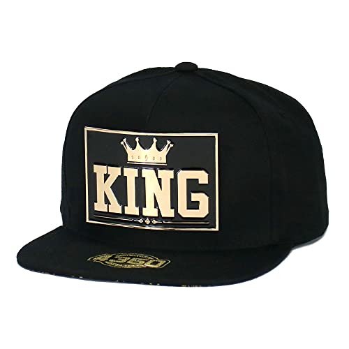 King Crown Hat King Gold Metallic Patched Cotton Snapback Flat Bill Baseball Cap (Black)