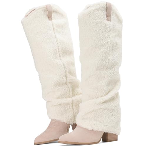 Putu Fold Over Boots for Women Knee High Cowboy Boots Chunky High Heel Tall Boots