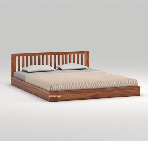 Image of SUNCOM Wooden Low Height King Size Bed Without Storage - Wooden Platform Double Bed - Space Saving Low Floor /Lying /Rise /Level /Profile Cot Bed for Bedroom - Basic Headboard (Honey Finish)