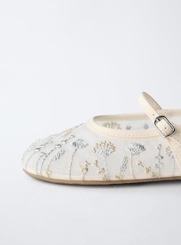 Image of Mesh Ballet Flats for Women Embroidered Floral Mary Jane Flats Round Toe Slip On Ballerina Shoes Comfortable Casual Daily Dress Flat Shoes