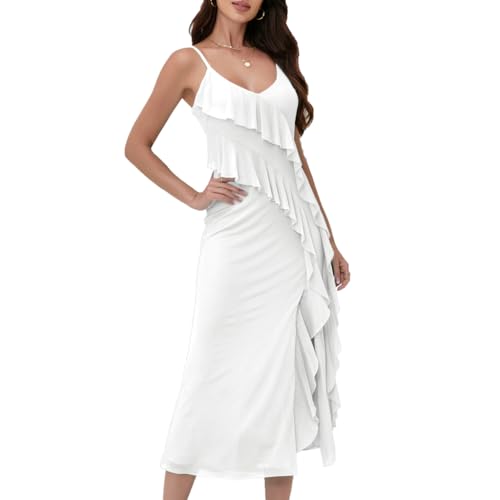 Image of Women's Spaghetti Strap Ruffle Side Split Long Dress Bodycon Beach Maxi Dresses