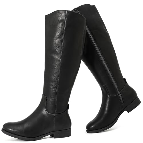 Ruiee Knee High Boots for Women Comfort Stylish Casual Round Toe Tall Riding Combat Boot Classic Fashion Fall Winter Knee-High Flat Boots.1873909 Black PU UKsize6
