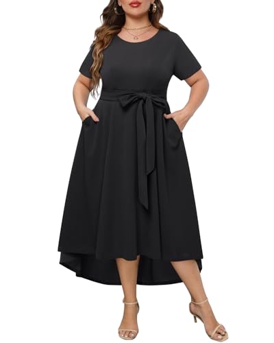 Holipick Women's Plus Size High Low Dress Wedding Guest Semi Formal Short Sleeves Long Cocktail Dresses with Pockets2
