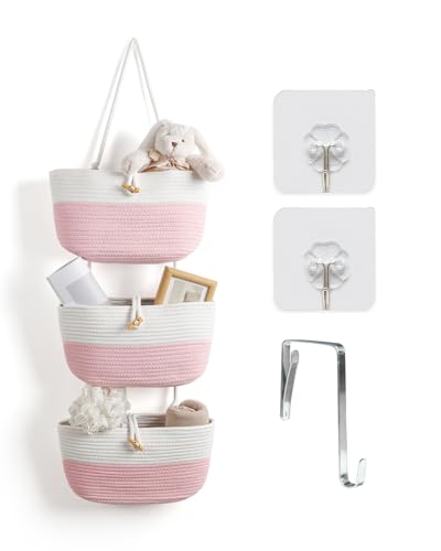 Umlaca クローゼット収納 ウォールポケット ドア掛け収納 吊り下げ収納式ポケット 綿麻 牛角風ボタン付き 折りたたみ可能 粉白ツートン 壁掛け収納ポケット 下着 文房具 化粧品 おもちゃ タオル ぬいぐるみ 小物入れ バッグ収納 フック付き 耐久性 大容量 コンパクト収納