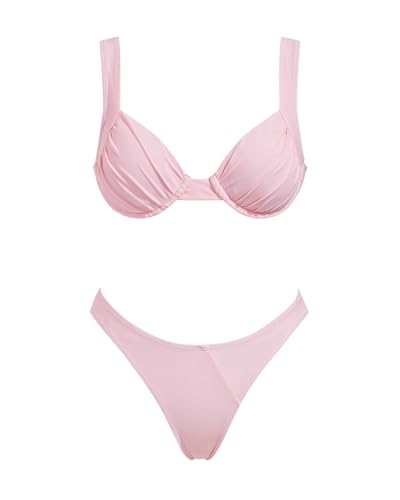 VOLAFA Women's Triangle Bikini Set Pleated Push Up Underwire Solid Cheeky Two Piece Swimsuit Bathing Suit (Medium, Pink1)