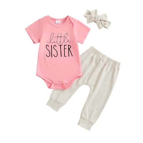Image of Ayalinggo Newborn Baby Girl Clothes Little Sister Romper Lil Sis Short Sleeve Tshirt Pants Headband Summer Infant Clothes