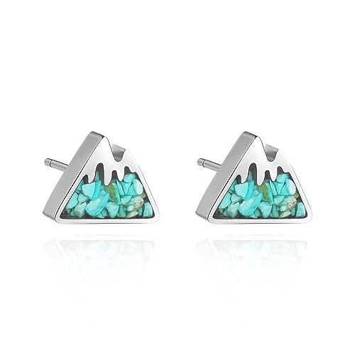 Lauren-Spencer Mountain Stud Earrings For Women Small Tumbled Gemstone Chips Filled Mountain Range Earrings Stainless Steel Snow Mountain Earrings Studs For Girls Jewelry Gift (Crushed Green Turquoise) #TOP7