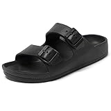 Athlefit Women's Double Buckle EVA Sandals Comfortable Rubber Waterproof Plastic Two Strap Footbed Foam Slip on Slide Black Sandals Size 6