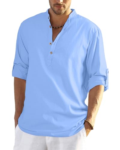 YAOHUOLE Chemise en Lin Homme Chemise en Lin Été Grande Taille Col Mao Chemise Chemise Homme en Lin Bleu Clair 3XL