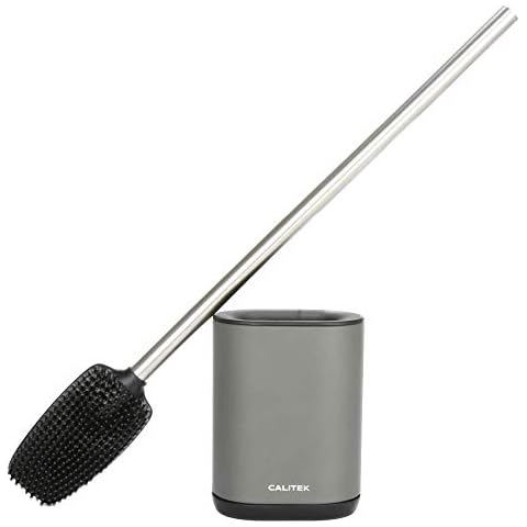 CALITEK Toilet Brush and Holder Deep Cleaning Flexible Silicon Bristles and Brush Head with Non Slip Long Stainless Steel Anti Rust Handle for Bathroom Toilet (Grey) Cover