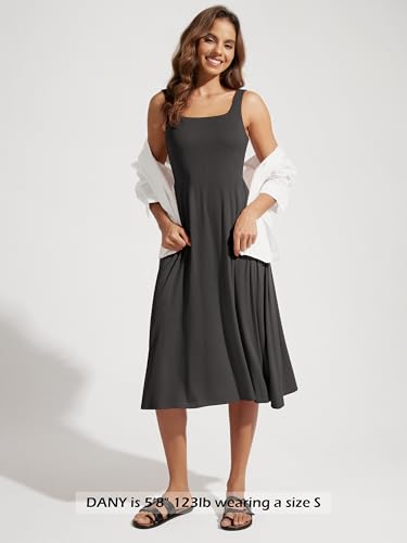 Image of ODODOS Square Neck Midi Dress with Pockets for Women Summer Casual Sleeveless Sundress Flare Tank Dress