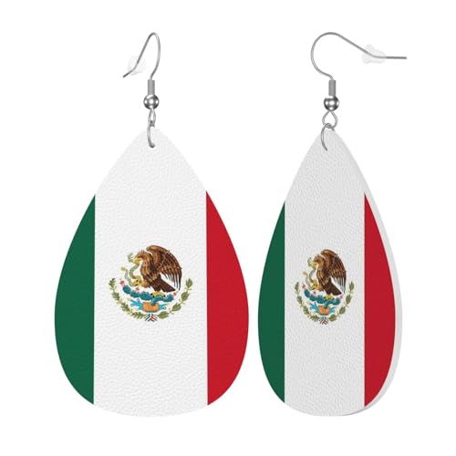 Mexico Mexican Flag Teardrop Leather Earrings For Women Lightweight Double-Side Printed Drop Dangle Earring For Festival Party Gift
