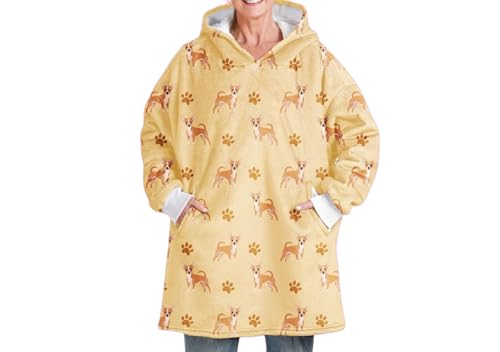 Chihuahua Gifts for Women & Men, Chihuahua Themed Wearable Flannel Blanket Hoodie, Oversized Flannel Hooded Blanket Sweatshirt, One Size Beige, Beige, One size