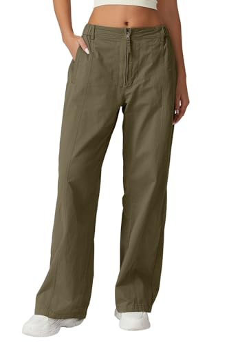 QINSEN High Waist Cargo Pants for Women Zip Front Loose Fit Cotton