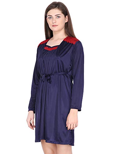 Image of Klamotten Satin Nighty and Robe Two Piece Navy Blue Women Nightdress