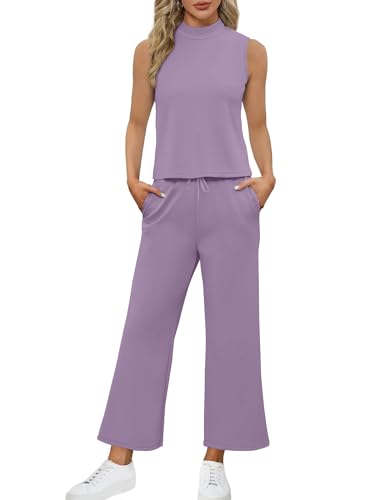 Image of SAMPEEL Two Piece Sets for Women Summer Outfits Lounge Sets Mock Neck Tops Wide Leg Crop Pants Vacation Travel Outfits