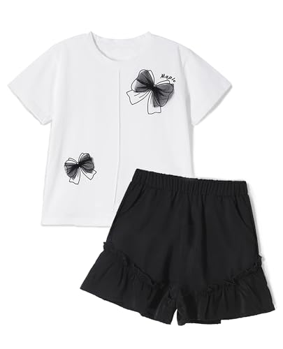 Image of Girls Summer 2 Piece Outfits Big Kids Ruffle Short Sleeve Cute Shorts Sets T Shirts and Shorts Clothing Sets 5-16Y