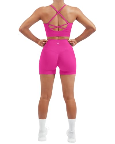 SUUKSESS Women Seamless 2 Piece Workout Sets Criss Cross Padded Sports Bra High Waist Booty Shorts Outfits (Hot pink, M)