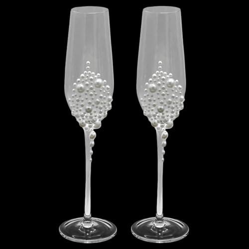 2 copas de champán de cristal con perlas, copas de brindis para novia y novio, elegante juego de regalo de boda y compromiso
