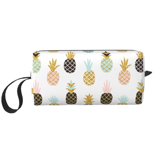 Pineapple Pretty Gold Glitter Makeup Bag Organizer Small Cosmetic Bags Portable Travel Toiletry Bag With Handle Simple Accessories Storage Zipper Pouch For Women Girl