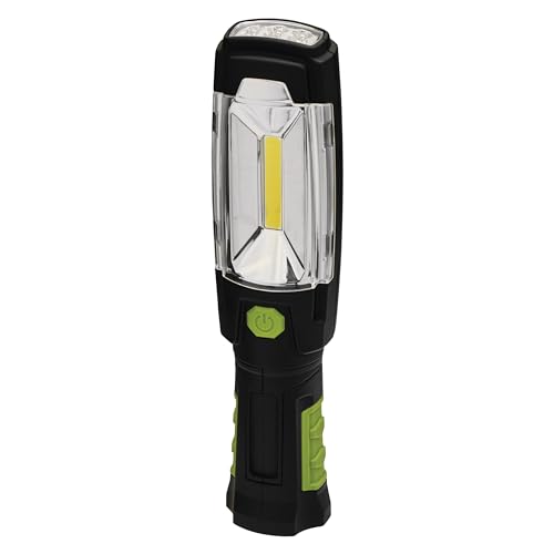 EMOS COB LED Arbeitsleuchte/Werkstattlampe mit Magnet und Haken, 40 Stunden Leuchtdauer, Lichtstrom 160 Lumen, 20 m Leuchtweite, batteriebetrieben, black, green, 24,5 x 5,5 x 40,5 cm, P4518