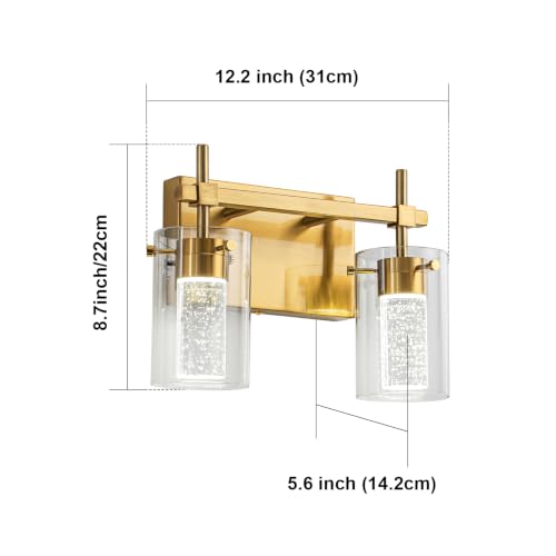 Image of 2-Light Gold Vanity Light with 3 Color Modes (3000K /4000K /6000K), Eye Protection LED Bathroom Light Fixture, Dimmable Modern Wall Light Over Mirror with Clear Glass Shade