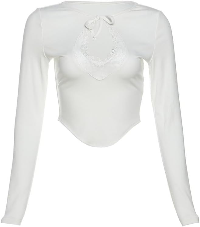JSEIAJB Women's Hollowout Tops Lace Bowknot Neckline Decoration Long Sleeves Tops