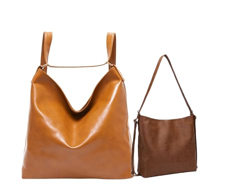 BSLONG Mochila de edredão vintage de viagem com bolsa de ombro de uso duplo castanho para mulher, mochila casual de pele sintética na moda, castanho, vintage