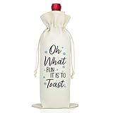 LAGZDFC Oh What Fun It Is To Toast Winter Wine Champagne Gifts Bag, Reusable Drawstring Wine Wrap Bag, Cute Snow Champagne Bottle Cover Gifts for Friends Coworker, Christmas Winter Party Favor