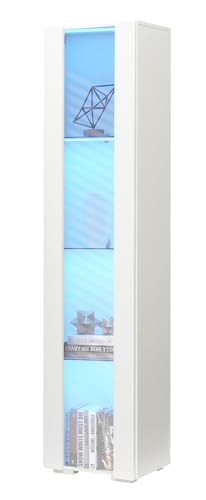 Kennkari Display Case with Glass, Wooden Display Cabinet with Aluminum Strip Lamp, Display Cabinets with Light, Showcase with Shelf, Side cabine (White)