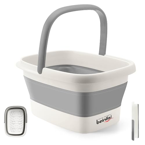 Collapsible Foot Bath Basin for Soaking Feet,Foot Soak Tub,Plastic Foot Bucket with Handles and Massage Acupoint,Foldable Laundry Basket-Gery