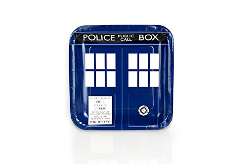 Doctor Who Party Plate Set - 8 Square 9-Inch TARDIS Door Paper Plates - Dr Who Tardis Police Call Box -Themed Tableware Decorations - Space & Time Travel Birthday Party Supplies - For Kids, Teen Fans