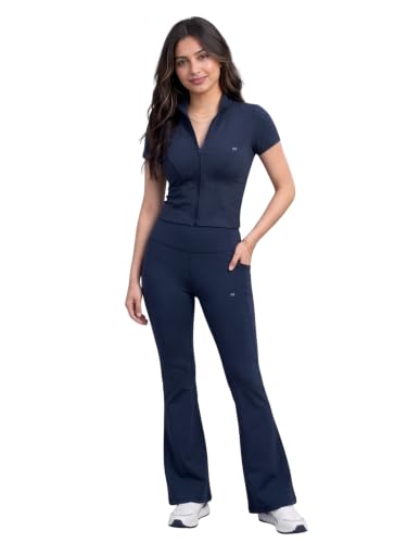 Image of White Moon Women Sports Co-ord Set, 4 Way Stretch Fabric Zip Neck Half Sleeve Top & High Waist Flared Pants, Gym Workout Yoga Running Fitness Activewear Set