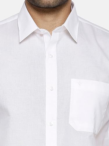 Image of RAMRAJ COTTON Mens Solid Regular Fit Half Sleeve Ethnic White Cotton Shirt