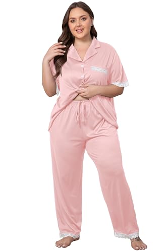 Image of Vozanet Women Short Sleeve Long Pants Pajama Sets Lace Trim Button Down Sleepwear Plus Size Knit Loungewear Sexy Nighty