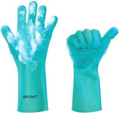 BroNeT Kitchen Silicon Gloves with Wash Scrubber Heat Resistant Washing Cleaning Gardening Free Size Wet and Dry Glove (Random Color)