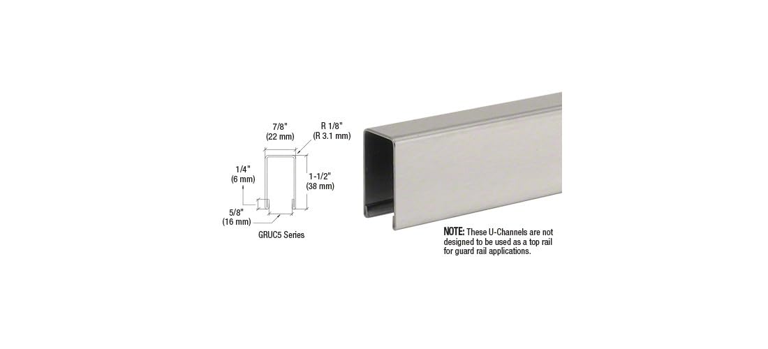 CRL Brushed Stainless U-Channel for 1/2" or 5/8" Glass - 10 ft Long