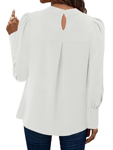 KISSMODA Womens Puff Long Sleeve Mock Neck Blouses Pleated Front Shirts Basic Trendy Dressy Tunic Tops Solid Color Fall Outfits with Button Cuff White - Image 3