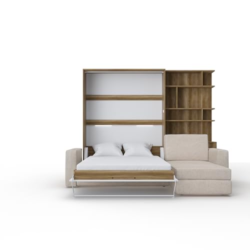 MAXIMAHOUSE Schrankbett 140x200 Vertikal mit Integriertem Ecksofa – Wandklappbett INVENTO 140V LED – Klappbett Platzsparend | Holz Lattenrost | Für Wohnzimmer Gästezimmer
