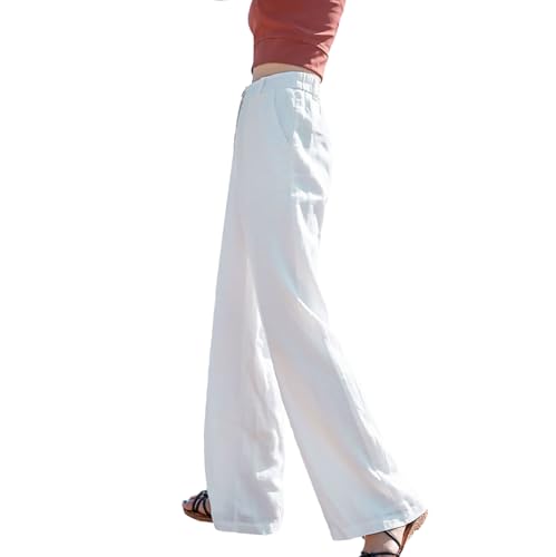 Womens Cotton Linen High Waisted Wide Leg Pants Comfy Flowy Beach Pant Loose Drape Button Down Straight Long Trousers Pants