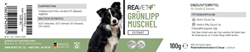 ReaVET Grünlippmuschel Extrakt Pulver 100g für Hunde & Katzen | Grünlippmuschelpulver Hund, Grünlippmuschelextrakt hochdosiert nach behandelter Arthrose Arthritis