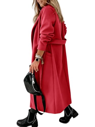 Image of Womens Classic Coat Lapel Collar Open Front Belted Long Jacket