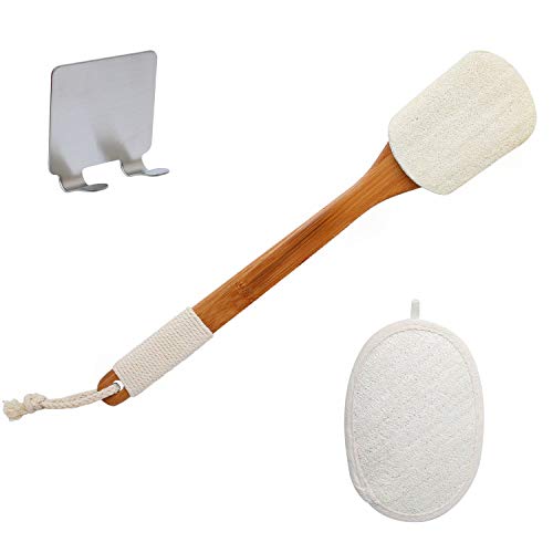 Leotruny Premium Natural Exfoliating Loofah Set of Long Handled Back Brush and Loofah Sponge Pad (Off-white)
